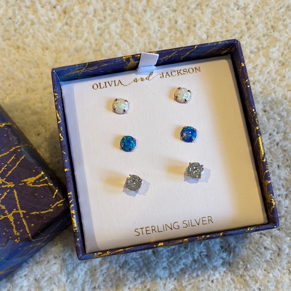 Olivia & Jackson Sterling Silver Stud Earrings Trio Boxed Set NWT Opal CZ